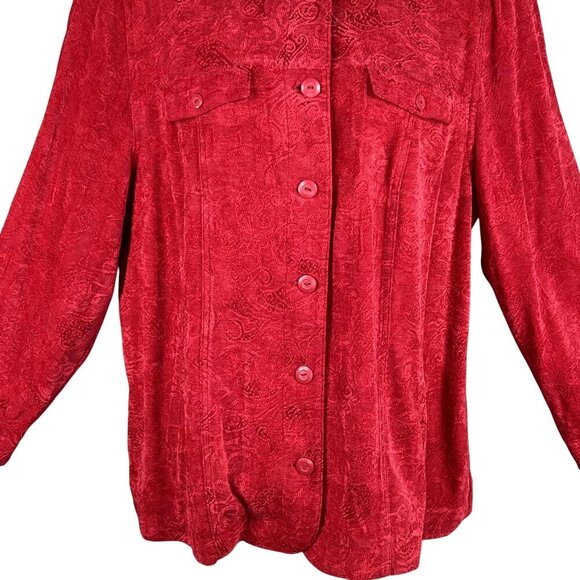 Liz & Me Womens 1X Red Jacquard Button-Front Jacket Abstract Design Art To Wear - Picture 4 of 16